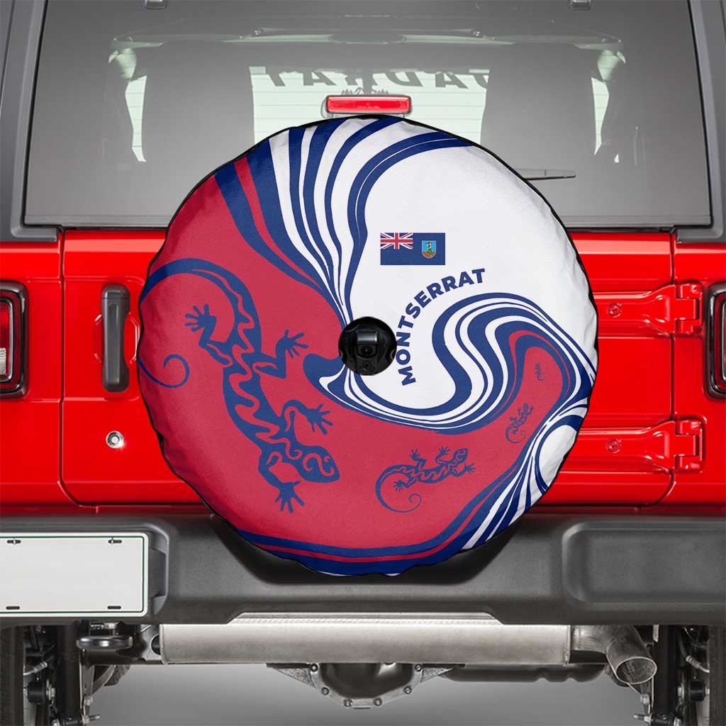 Montserrat Spare Tire Cover with Gecko Illustration Red Blue Wavy Line Design - Wonder Print Shop