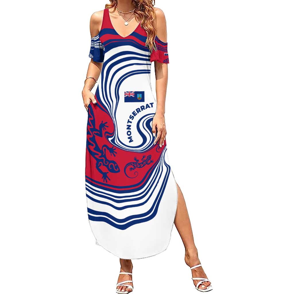 Montserrat Summer Maxi Dress with Gecko Illustration Red Blue Wavy Line Design - Wonder Print Shop