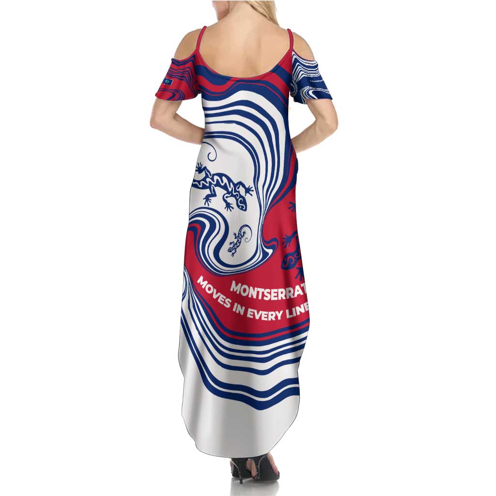 Montserrat Summer Maxi Dress with Gecko Illustration Red Blue Wavy Line Design - Wonder Print Shop