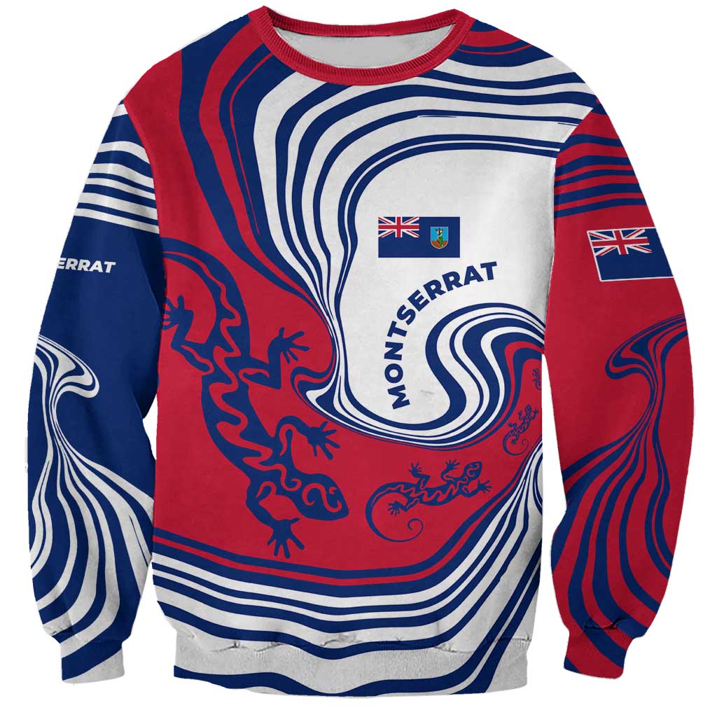 Montserrat Sweatshirt with Gecko Illustration Red Blue Wavy Line Design - Wonder Print Shop