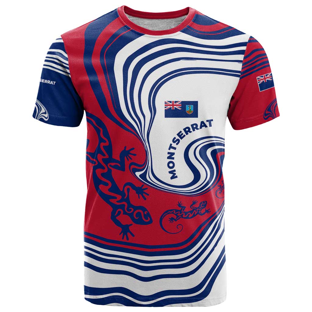 Montserrat T Shirt with Gecko Illustration Red Blue Wavy Line Design - Wonder Print Shop
