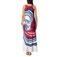 Montserrat Tank Maxi Dress with Gecko Illustration Red Blue Wavy Line Design - Wonder Print Shop