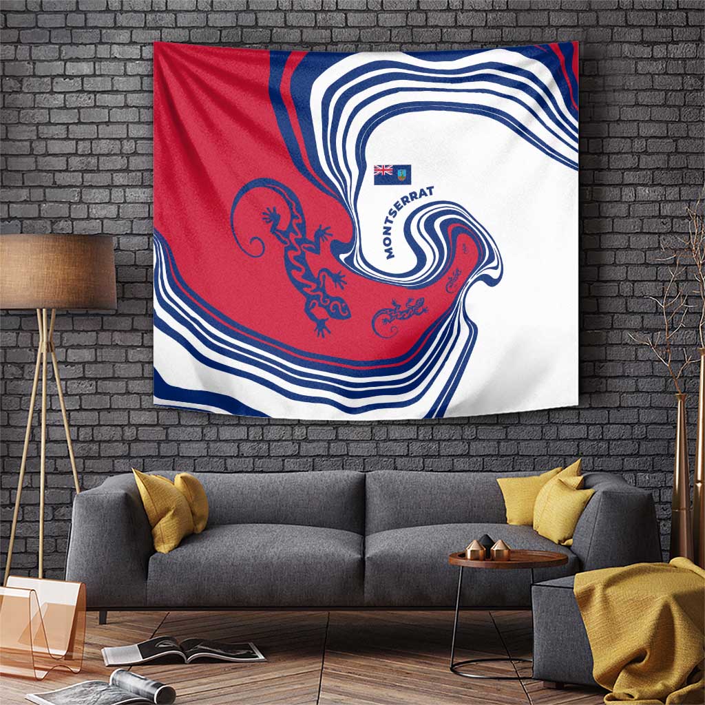 Montserrat Tapestry with Gecko Illustration Red Blue Wavy Line Design - Wonder Print Shop