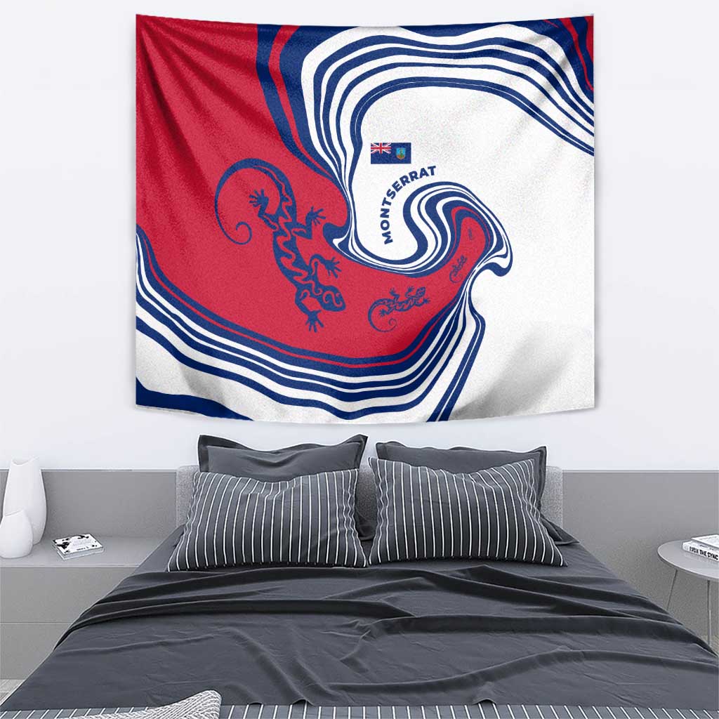 Montserrat Tapestry with Gecko Illustration Red Blue Wavy Line Design - Wonder Print Shop