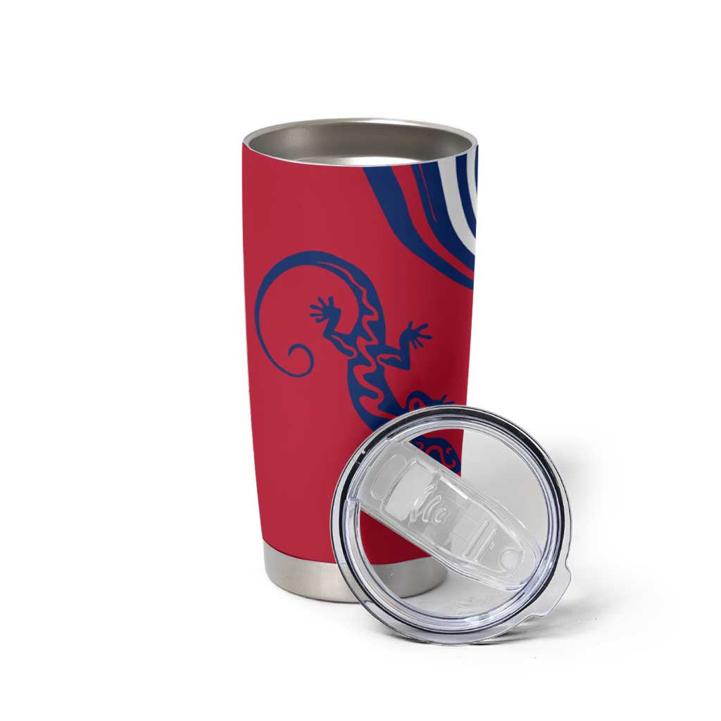 Montserrat Tumbler Cup with Gecko Illustration Red Blue Wavy Line Design - Wonder Print Shop