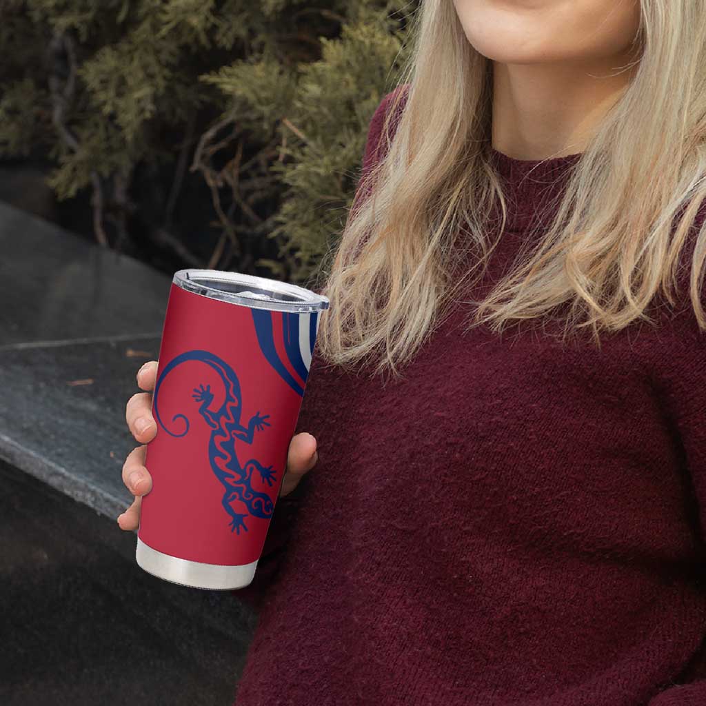 Montserrat Tumbler Cup with Gecko Illustration Red Blue Wavy Line Design - Wonder Print Shop