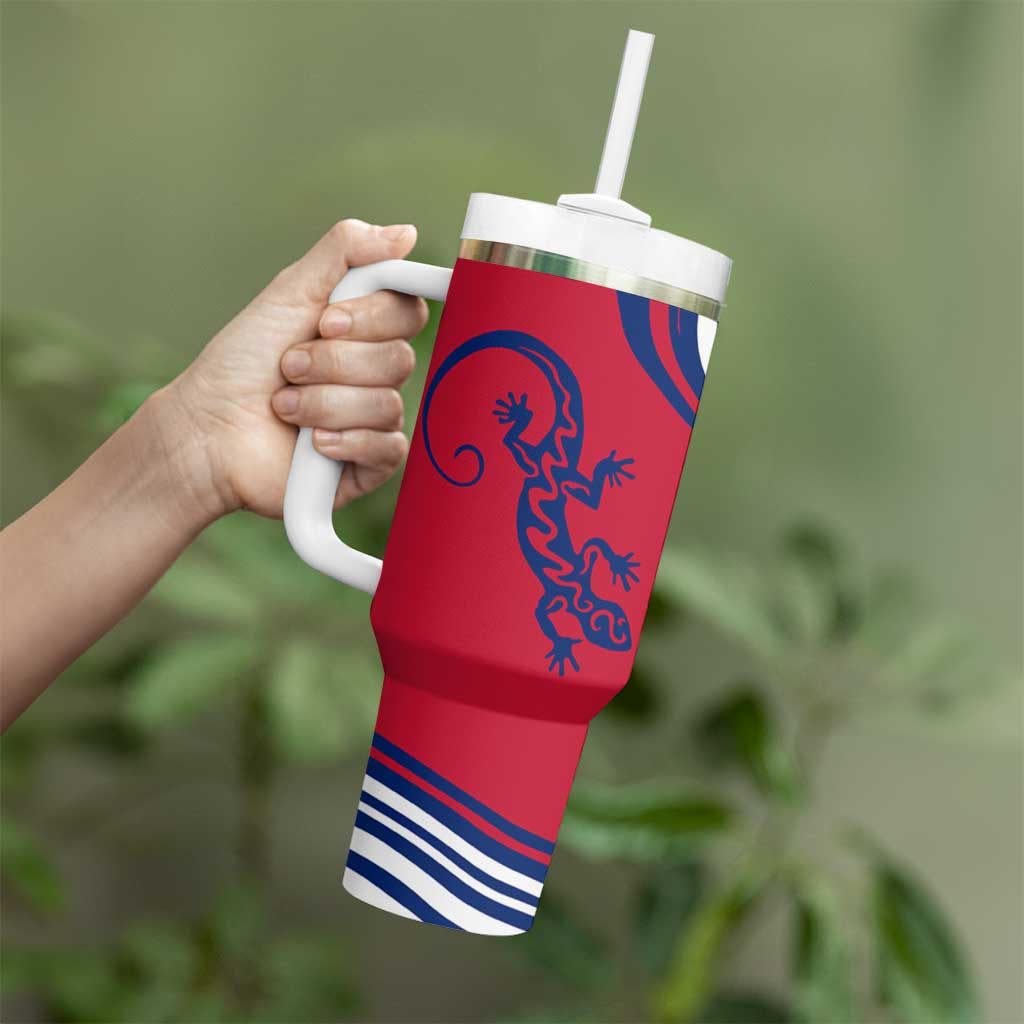Montserrat Tumbler With Handle with Gecko Illustration Red Blue Wavy Line Design - Wonder Print Shop