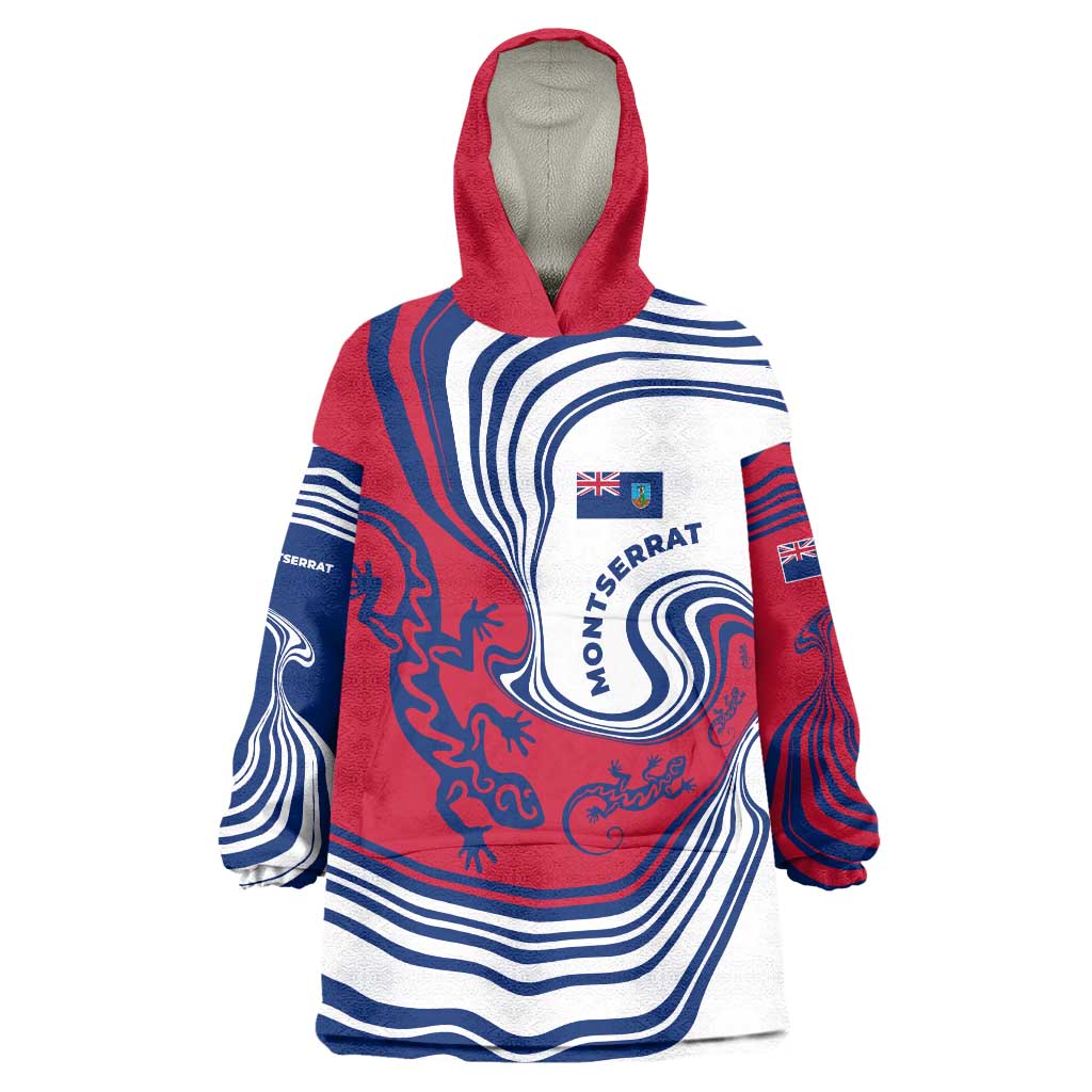 Montserrat Wearable Blanket Hoodie with Gecko Illustration Red Blue Wavy Line Design - Wonder Print Shop