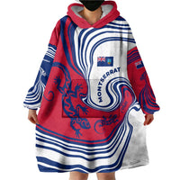 Montserrat Wearable Blanket Hoodie with Gecko Illustration Red Blue Wavy Line Design - Wonder Print Shop