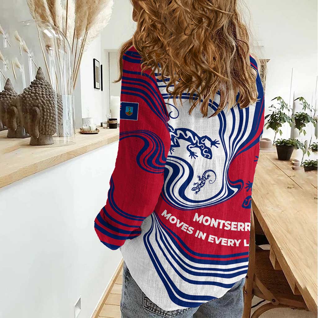 Montserrat Women Casual Shirt with Gecko Illustration Red Blue Wavy Line Design - Wonder Print Shop