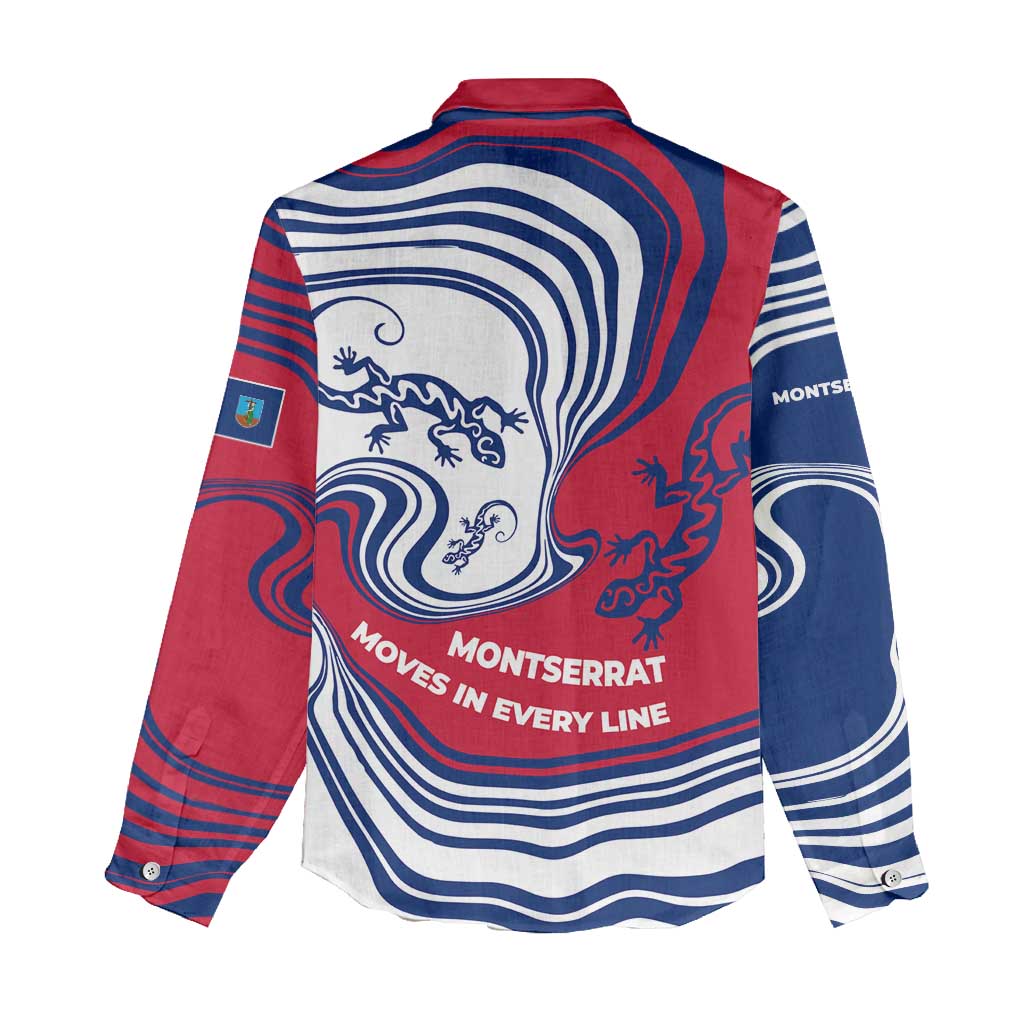 Montserrat Women Casual Shirt with Gecko Illustration Red Blue Wavy Line Design - Wonder Print Shop