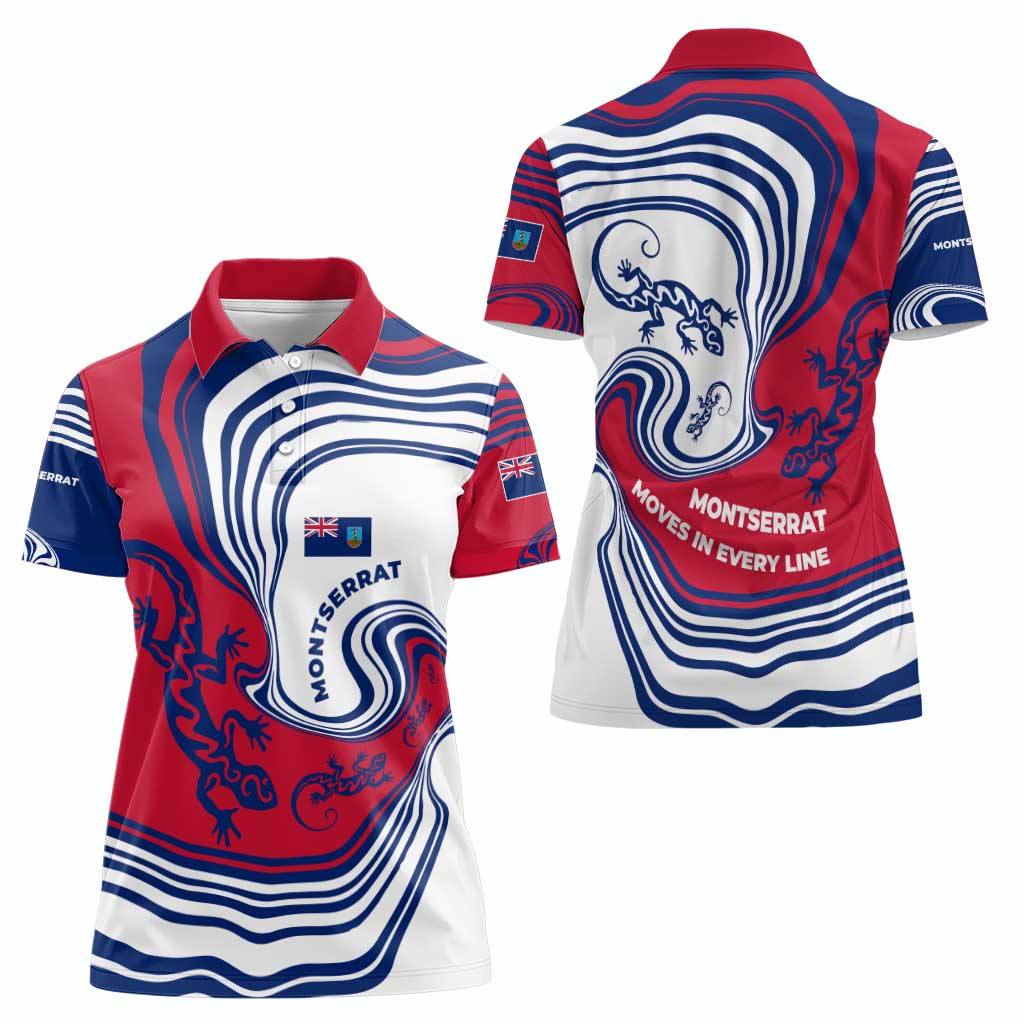 Montserrat Women Polo Shirt with Gecko Illustration Red Blue Wavy Line Design - Wonder Print Shop