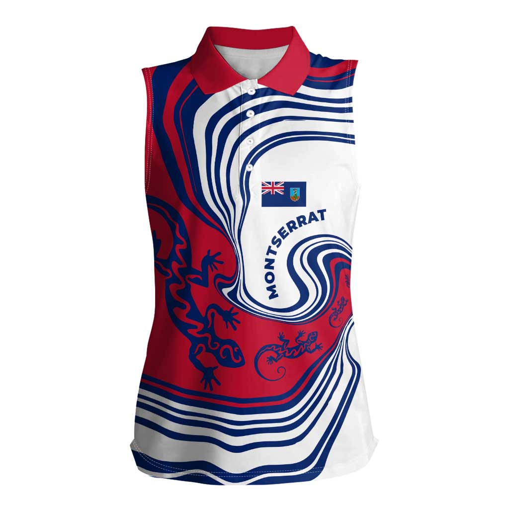 Montserrat Women Sleeveless Polo Shirt with Gecko Illustration Red Blue Wavy Line Design - Wonder Print Shop