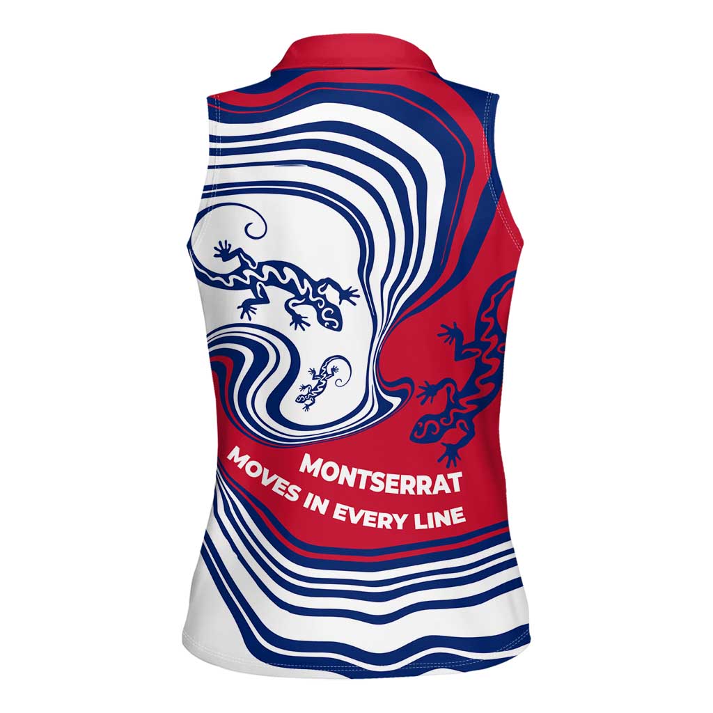 Montserrat Women Sleeveless Polo Shirt with Gecko Illustration Red Blue Wavy Line Design - Wonder Print Shop