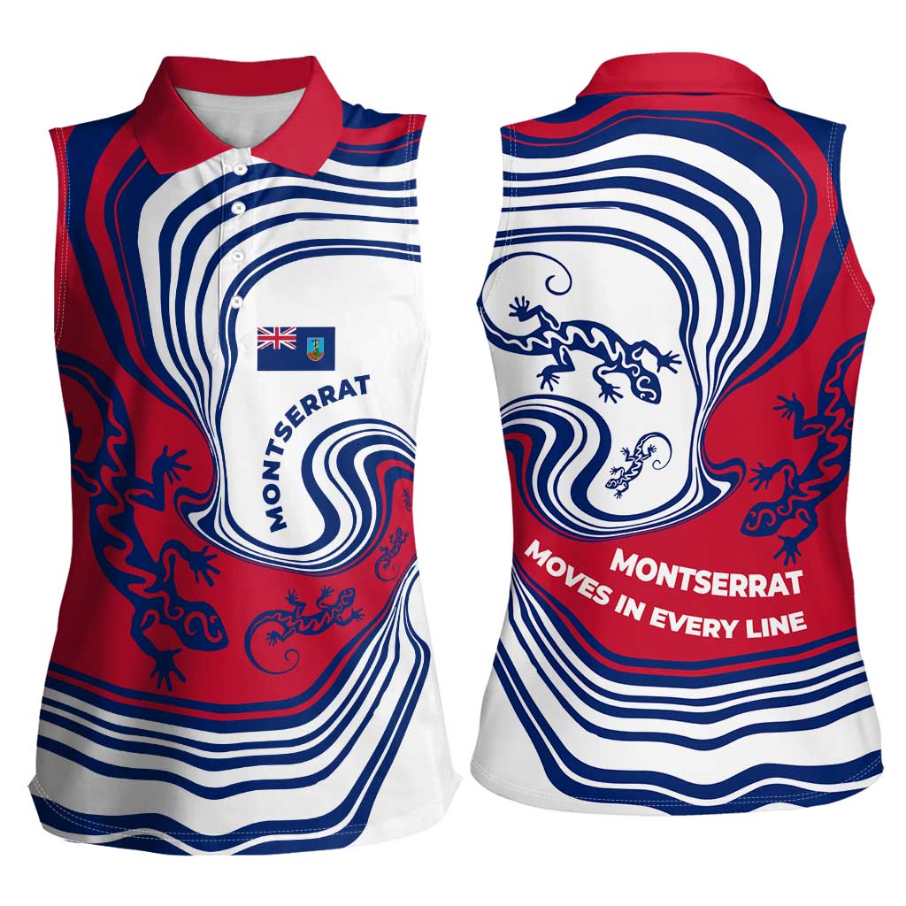 Montserrat Women Sleeveless Polo Shirt with Gecko Illustration Red Blue Wavy Line Design - Wonder Print Shop