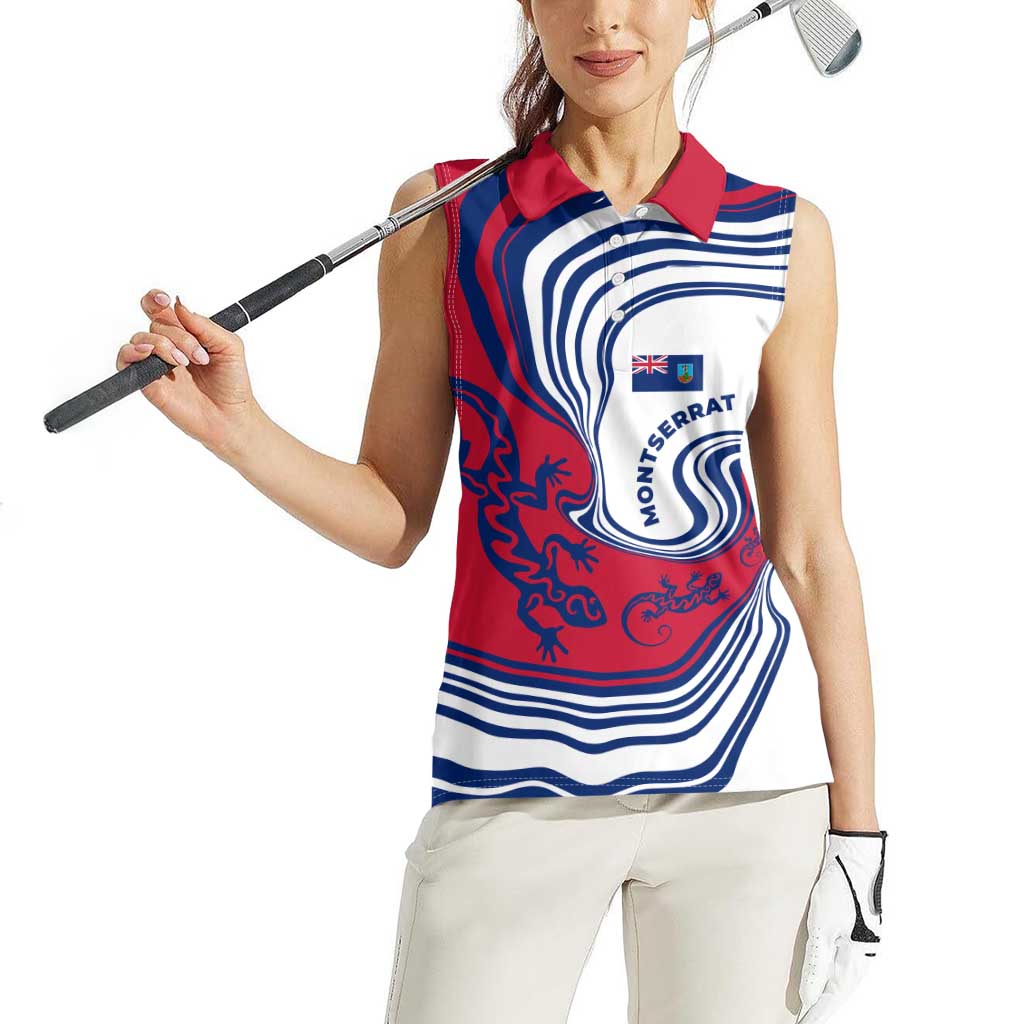 Montserrat Women Sleeveless Polo Shirt with Gecko Illustration Red Blue Wavy Line Design - Wonder Print Shop
