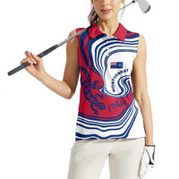 Montserrat Women Sleeveless Polo Shirt with Gecko Illustration Red Blue Wavy Line Design - Wonder Print Shop