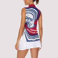 Montserrat Women Sleeveless Polo Shirt with Gecko Illustration Red Blue Wavy Line Design - Wonder Print Shop