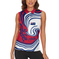 Montserrat Women Sleeveless Polo Shirt with Gecko Illustration Red Blue Wavy Line Design - Wonder Print Shop