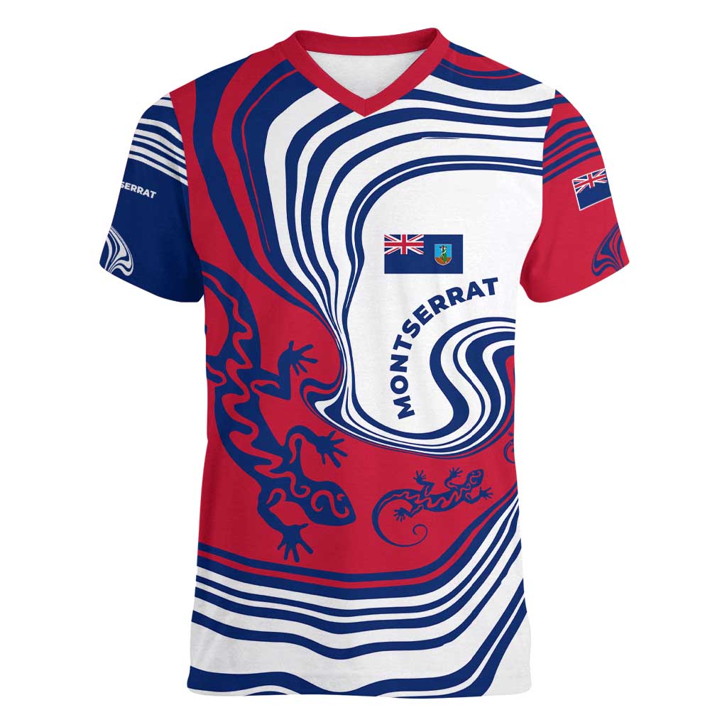 Montserrat Women V-Neck T-Shirt with Gecko Illustration Red Blue Wavy Line Design - Wonder Print Shop