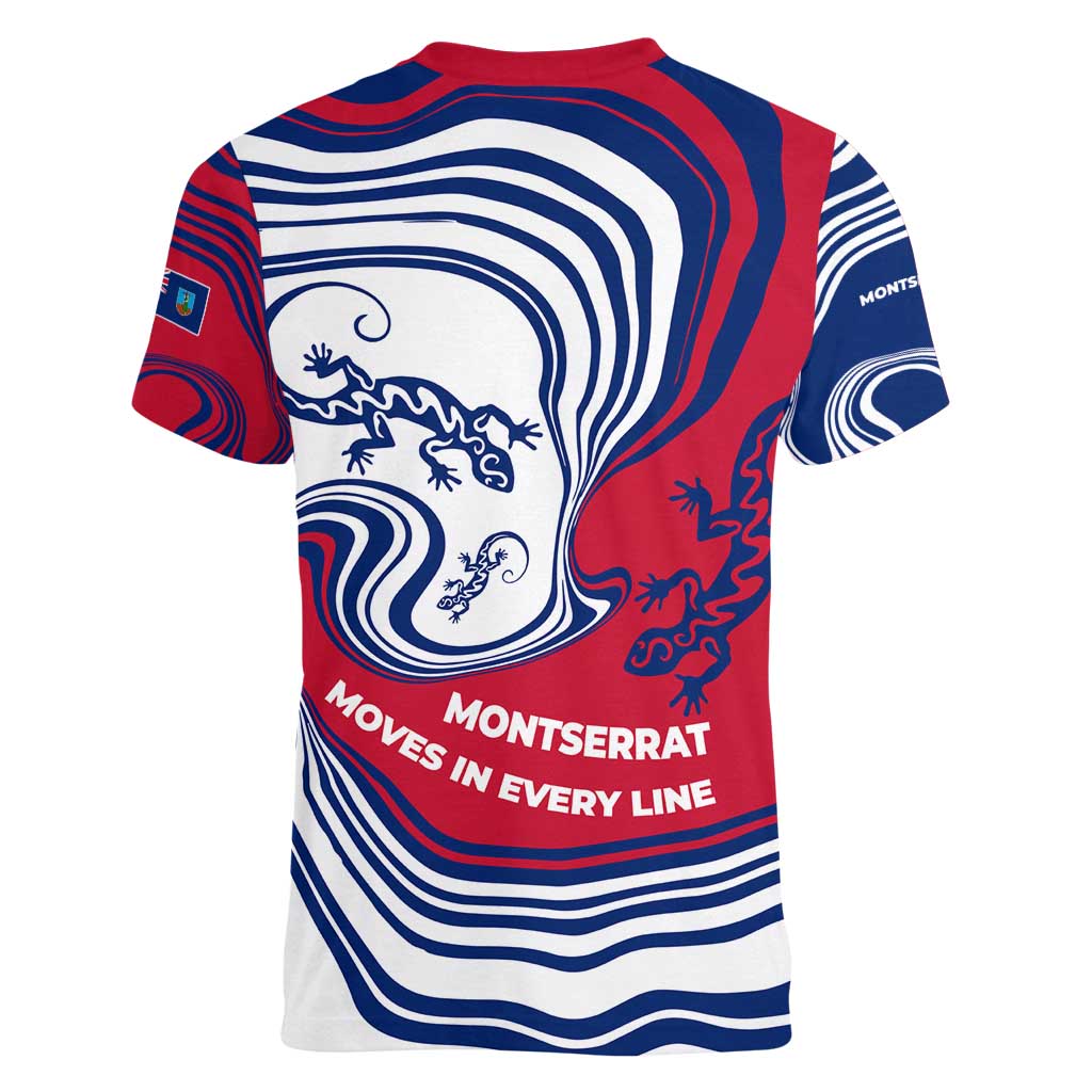 Montserrat Women V-Neck T-Shirt with Gecko Illustration Red Blue Wavy Line Design - Wonder Print Shop