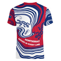 Montserrat Women V-Neck T-Shirt with Gecko Illustration Red Blue Wavy Line Design - Wonder Print Shop