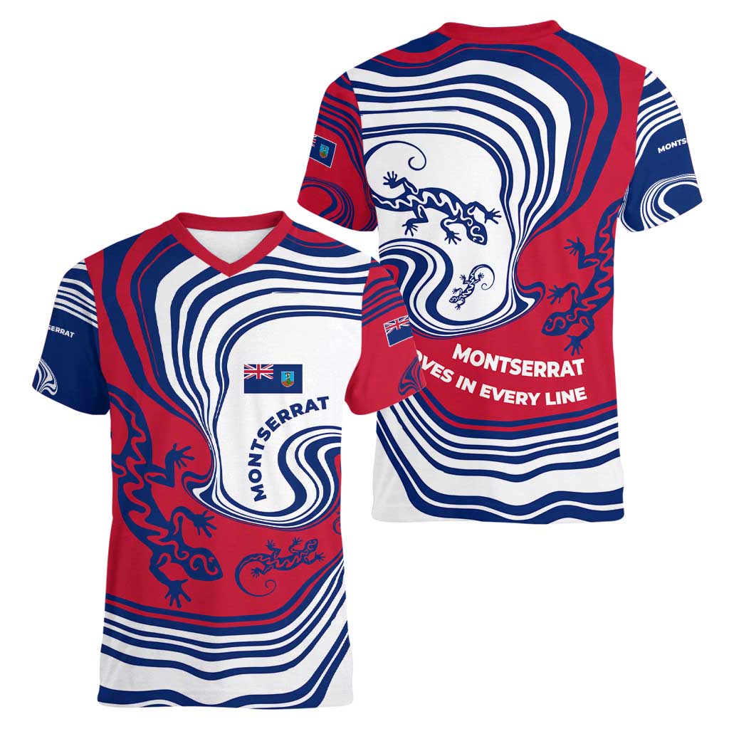 Montserrat Women V-Neck T-Shirt with Gecko Illustration Red Blue Wavy Line Design - Wonder Print Shop