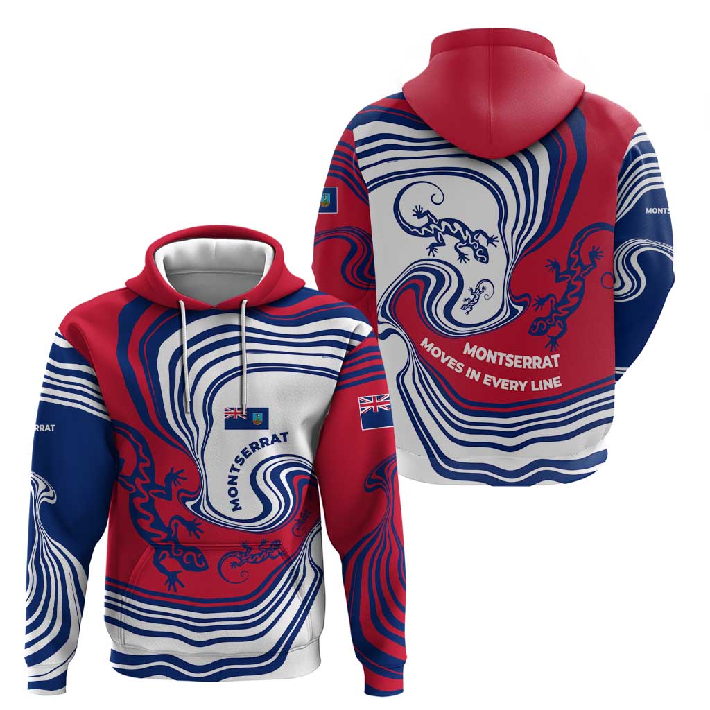 Montserrat Zip Hoodie with Gecko Illustration Red Blue Wavy Line Design - Wonder Print Shop