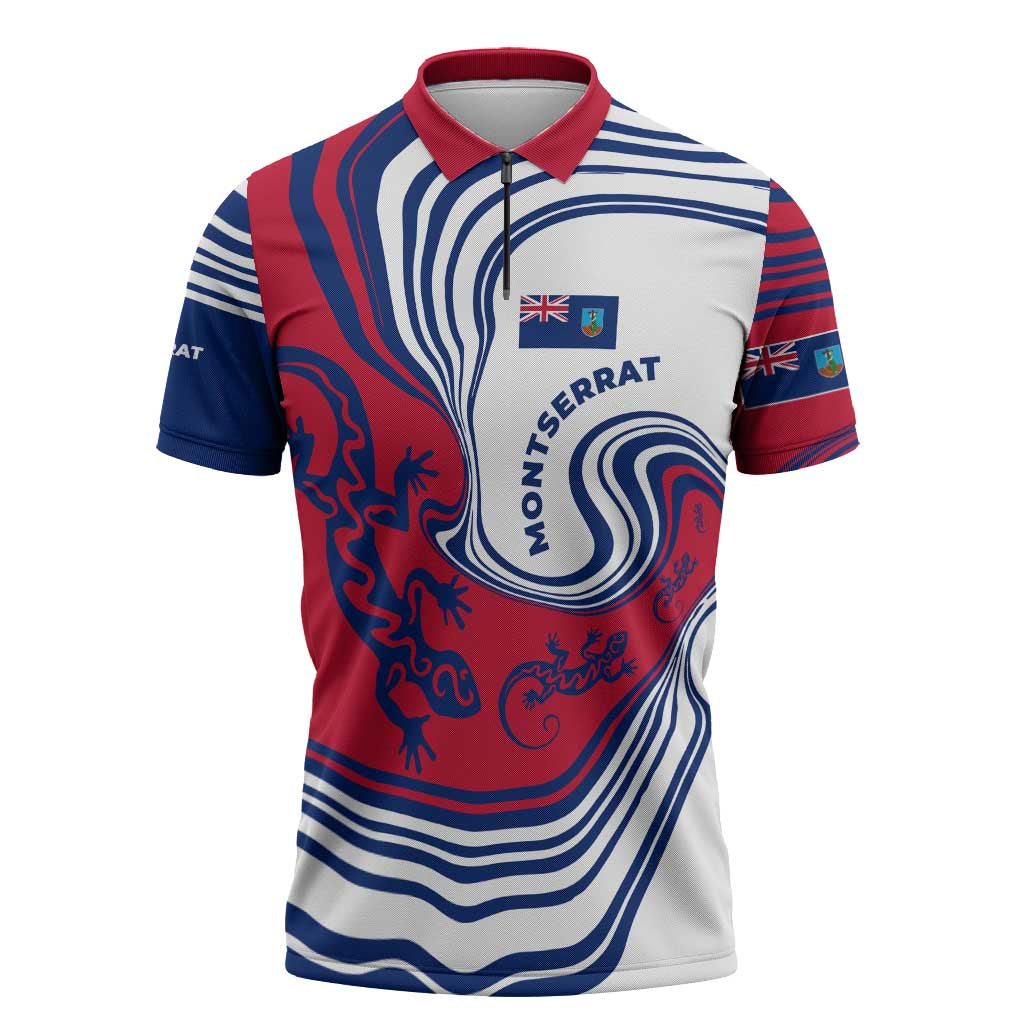 Montserrat Zipper Polo Shirt with Gecko Illustration Red Blue Wavy Line Design - Wonder Print Shop