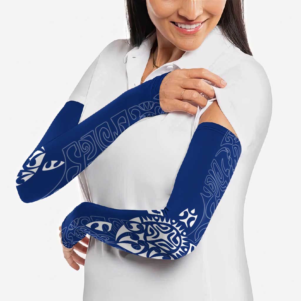 Montserrat Arm Sleeves with Tribal Sea Turtle Illustration Blue Polynesian Pattern Design - Wonder Print Shop