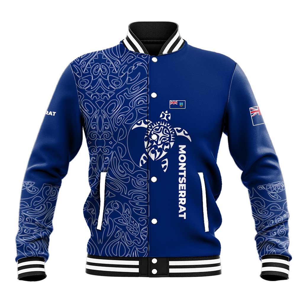Montserrat Baseball Jacket with Tribal Sea Turtle Illustration Blue Polynesian Pattern Design - Wonder Print Shop