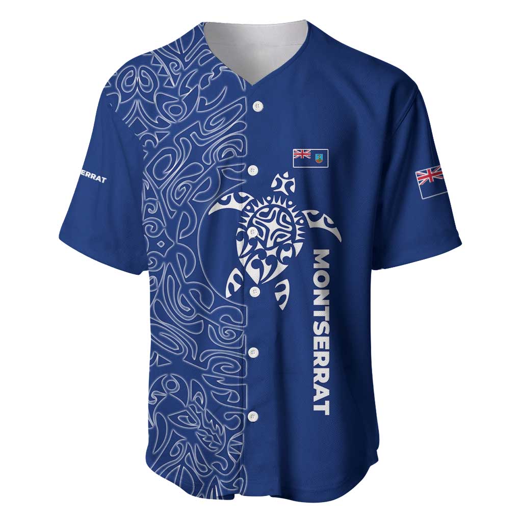 Montserrat Baseball Jersey with Tribal Sea Turtle Illustration Blue Polynesian Pattern Design - Wonder Print Shop