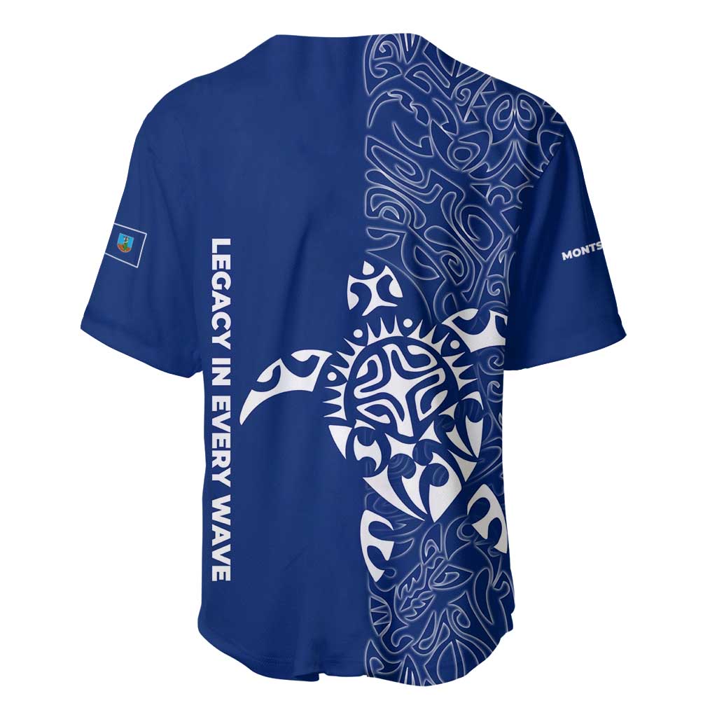 Montserrat Baseball Jersey with Tribal Sea Turtle Illustration Blue Polynesian Pattern Design - Wonder Print Shop