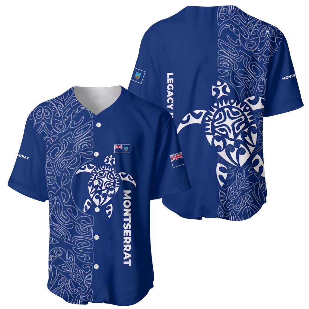 Montserrat Baseball Jersey with Tribal Sea Turtle Illustration Blue Polynesian Pattern Design - Wonder Print Shop