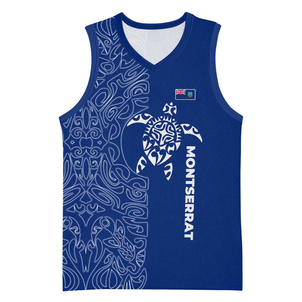 Montserrat Basketball Jersey with Tribal Sea Turtle Illustration Blue Polynesian Pattern Design - Wonder Print Shop
