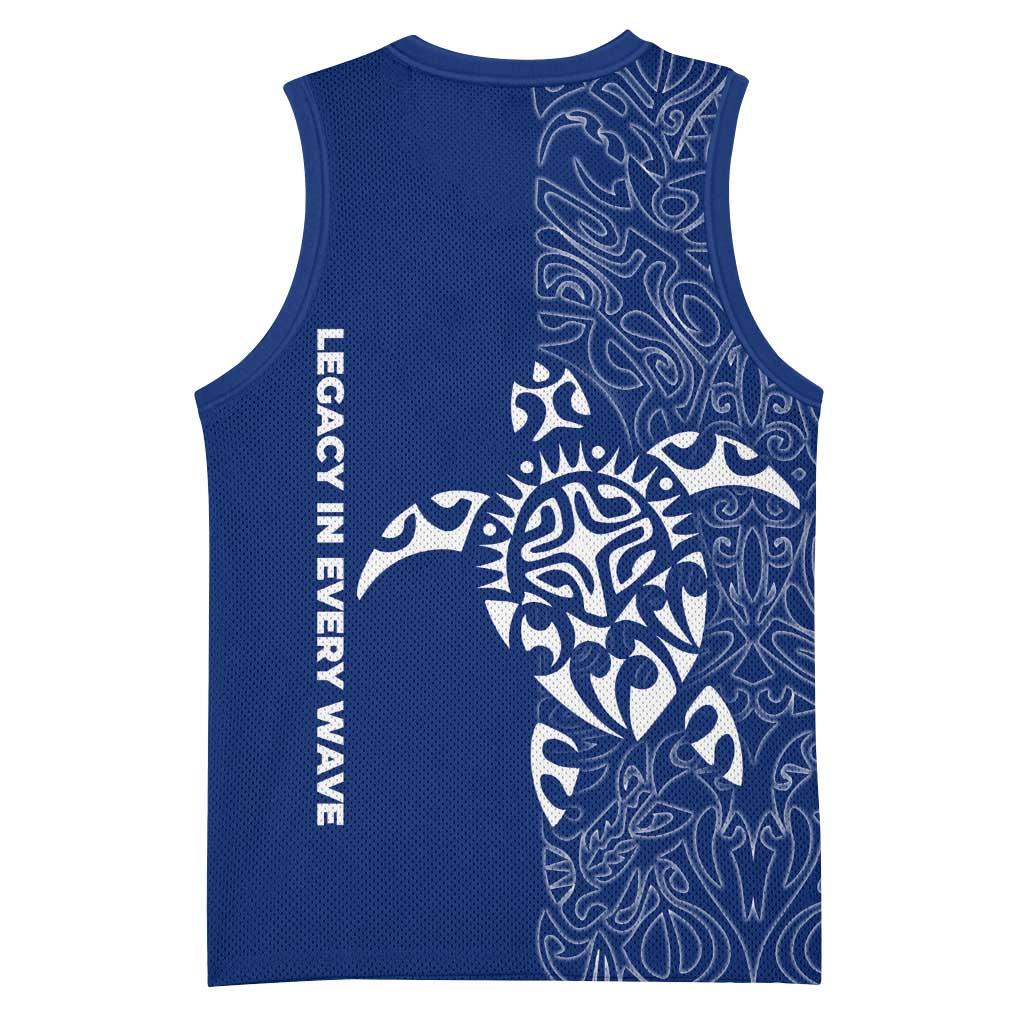 Montserrat Basketball Jersey with Tribal Sea Turtle Illustration Blue Polynesian Pattern Design - Wonder Print Shop
