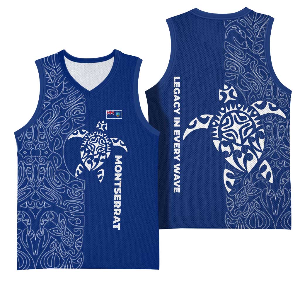 Montserrat Basketball Jersey with Tribal Sea Turtle Illustration Blue Polynesian Pattern Design - Wonder Print Shop