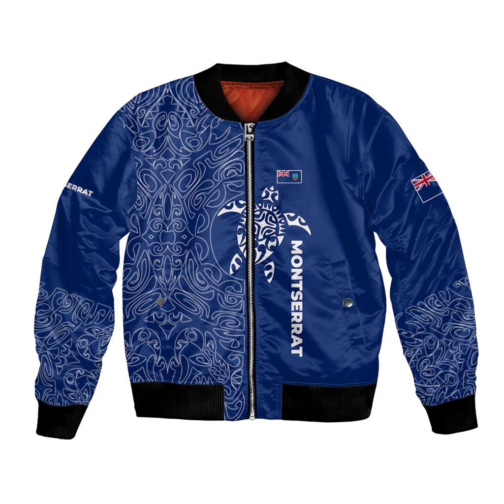 Montserrat Bomber Jacket with Tribal Sea Turtle Illustration Blue Polynesian Pattern Design - Wonder Print Shop