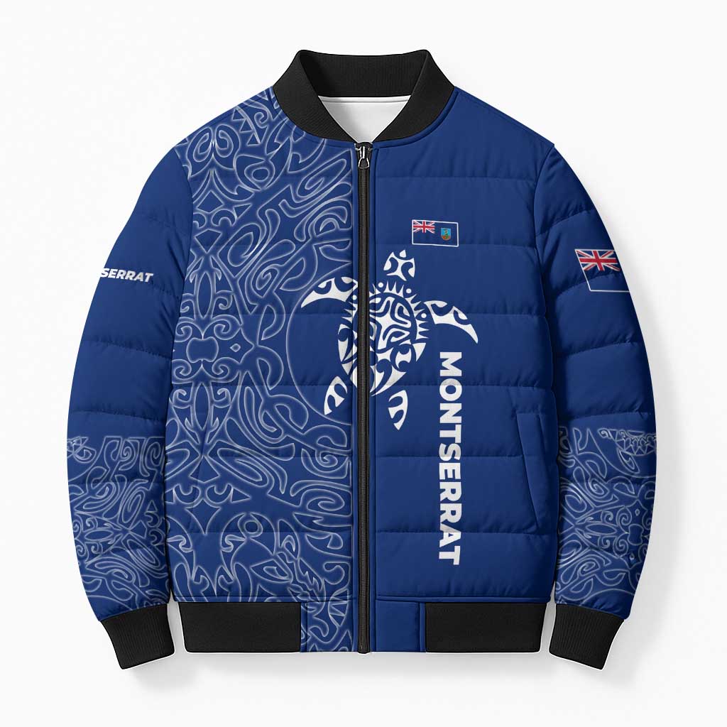 Montserrat Bomber Puffer Jacket with Tribal Sea Turtle Illustration Blue Polynesian Pattern Design - Wonder Print Shop