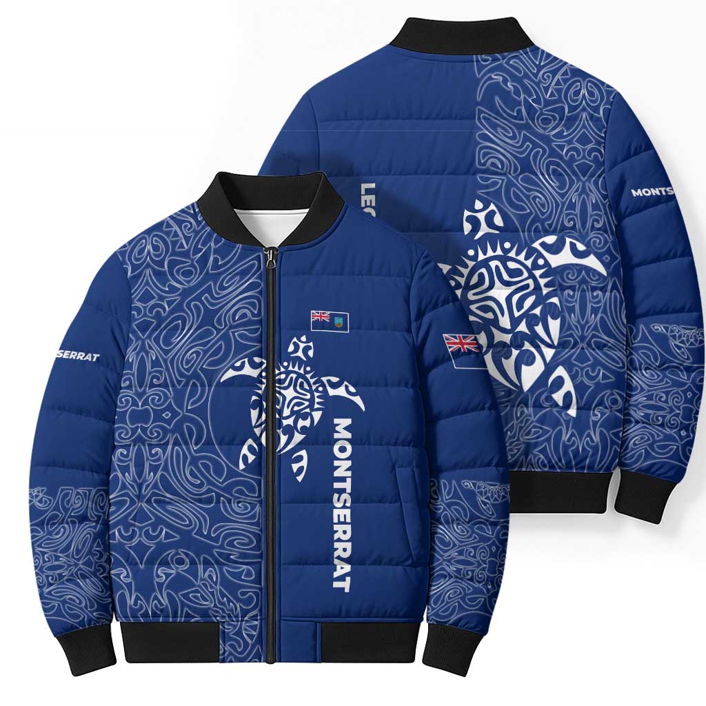 Montserrat Bomber Puffer Jacket with Tribal Sea Turtle Illustration Blue Polynesian Pattern Design - Wonder Print Shop