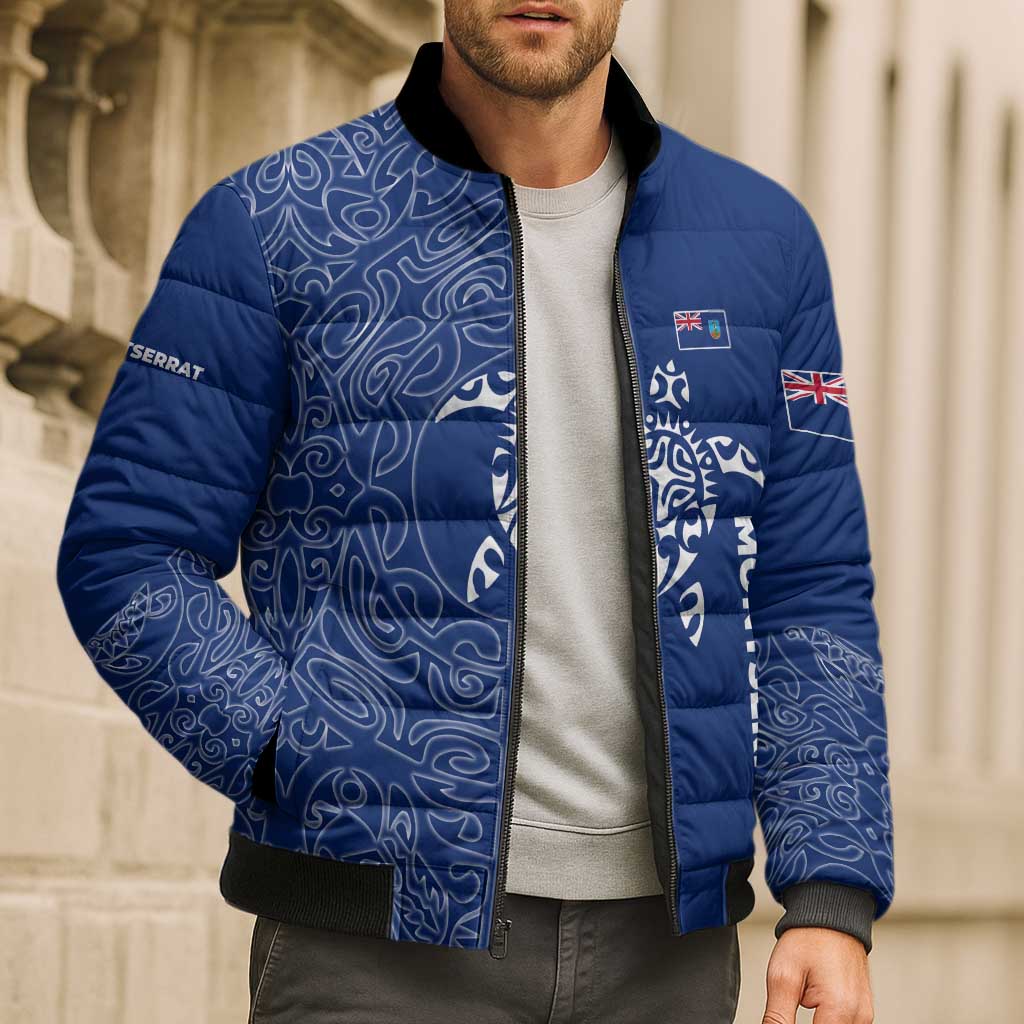 Montserrat Bomber Puffer Jacket with Tribal Sea Turtle Illustration Blue Polynesian Pattern Design - Wonder Print Shop
