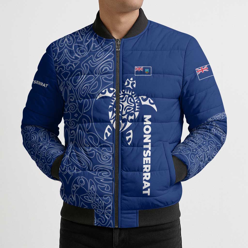 Montserrat Bomber Puffer Jacket with Tribal Sea Turtle Illustration Blue Polynesian Pattern Design - Wonder Print Shop