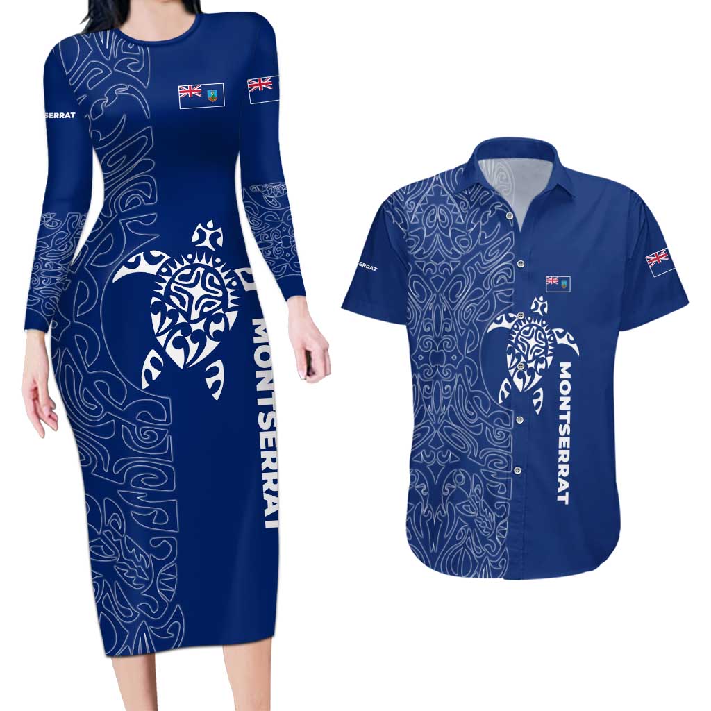 Montserrat Couples Matching Long Sleeve Bodycon Dress and Hawaiian Shirt with Tribal Sea Turtle Illustration Blue Polynesian Pattern Design - Wonder Print Shop
