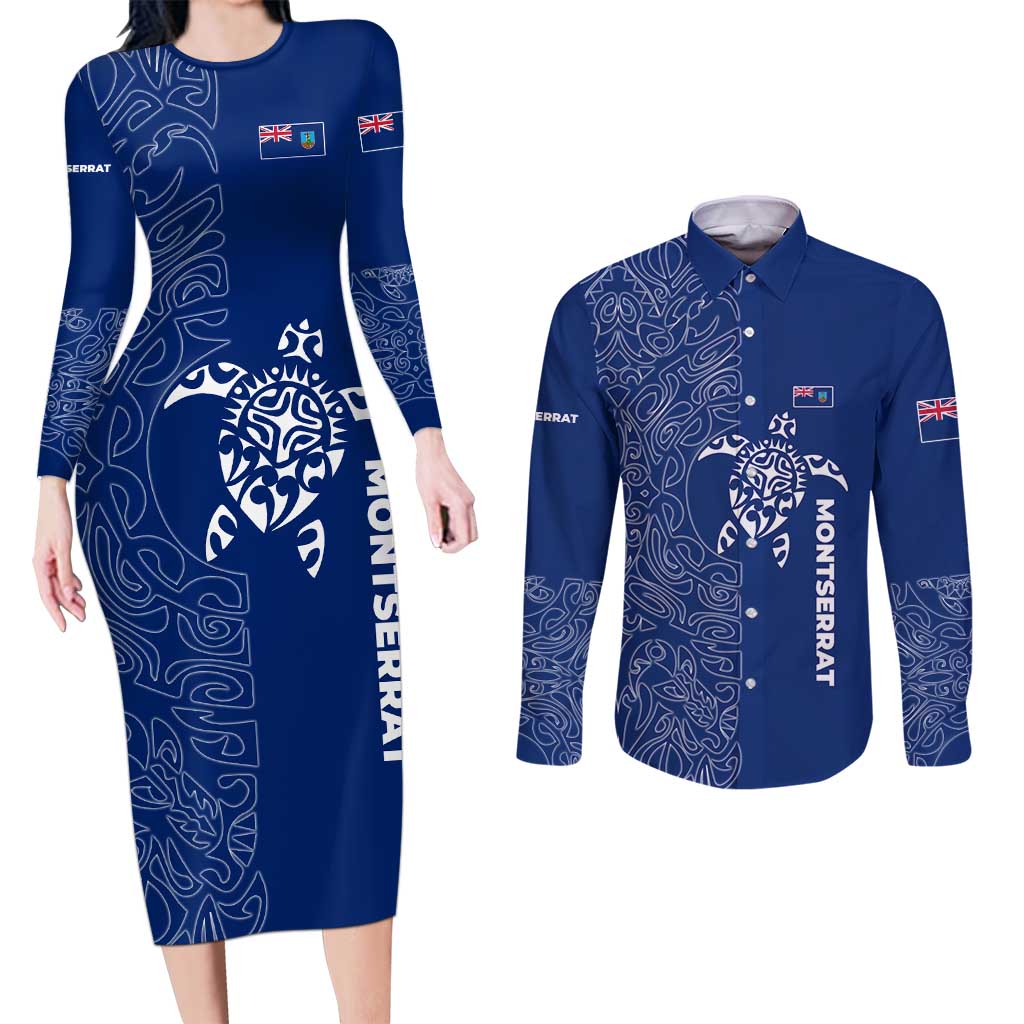 Montserrat Couples Matching Long Sleeve Bodycon Dress and Long Sleeve Button Shirt with Tribal Sea Turtle Illustration Blue Polynesian Pattern Design - Wonder Print Shop