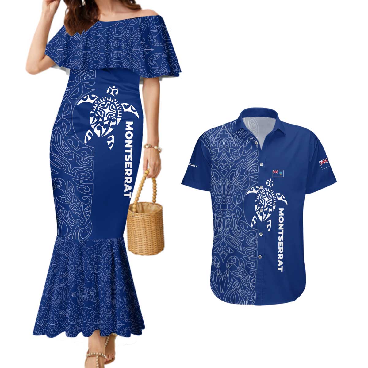 Montserrat Couples Matching Mermaid Dress and Hawaiian Shirt with Tribal Sea Turtle Illustration Blue Polynesian Pattern Design - Wonder Print Shop