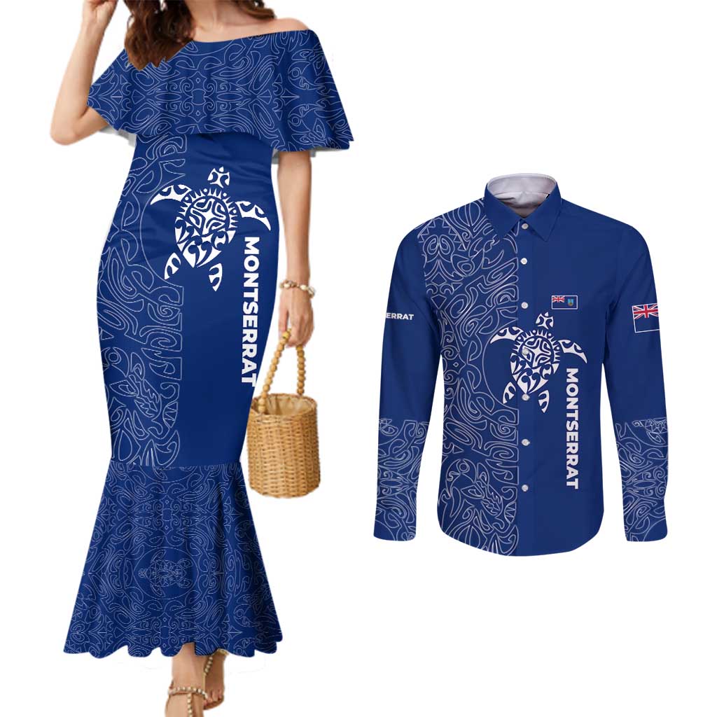 Montserrat Couples Matching Mermaid Dress and Long Sleeve Button Shirt with Tribal Sea Turtle Illustration Blue Polynesian Pattern Design - Wonder Print Shop