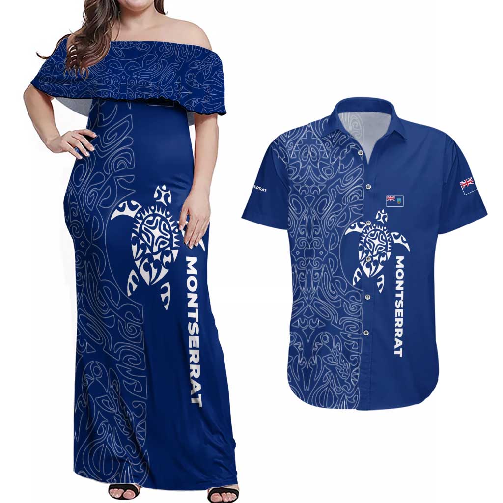 Montserrat Couples Matching Off Shoulder Maxi Dress and Hawaiian Shirt with Tribal Sea Turtle Illustration Blue Polynesian Pattern Design - Wonder Print Shop