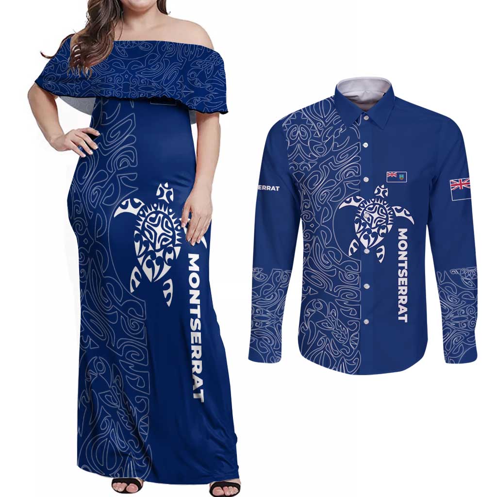Montserrat Couples Matching Off Shoulder Maxi Dress and Long Sleeve Button Shirt with Tribal Sea Turtle Illustration Blue Polynesian Pattern Design - Wonder Print Shop