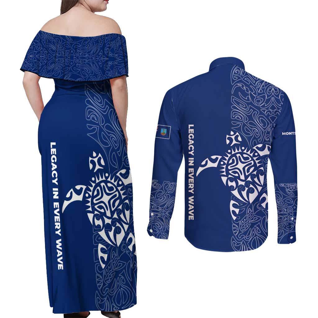Montserrat Couples Matching Off Shoulder Maxi Dress and Long Sleeve Button Shirt with Tribal Sea Turtle Illustration Blue Polynesian Pattern Design - Wonder Print Shop