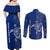 Montserrat Couples Matching Off Shoulder Maxi Dress and Long Sleeve Button Shirt with Tribal Sea Turtle Illustration Blue Polynesian Pattern Design - Wonder Print Shop